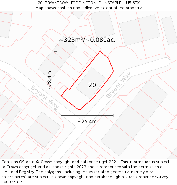 20, BRYANT WAY, TODDINGTON, DUNSTABLE, LU5 6EX: Plot and title map