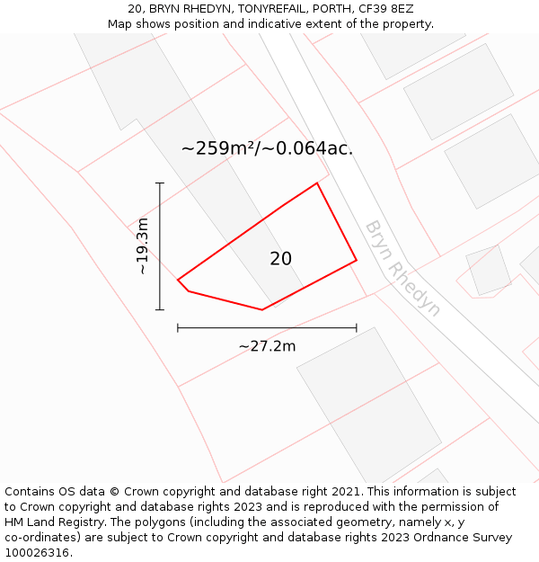 20, BRYN RHEDYN, TONYREFAIL, PORTH, CF39 8EZ: Plot and title map