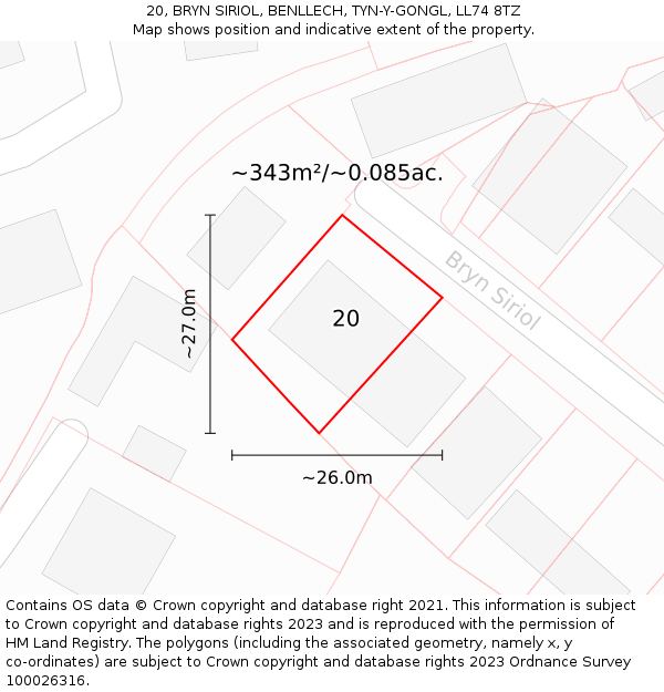 20, BRYN SIRIOL, BENLLECH, TYN-Y-GONGL, LL74 8TZ: Plot and title map