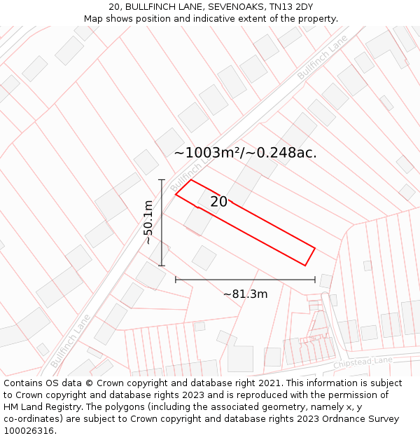 20, BULLFINCH LANE, SEVENOAKS, TN13 2DY: Plot and title map