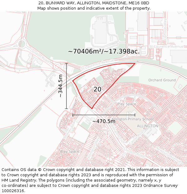 20, BUNYARD WAY, ALLINGTON, MAIDSTONE, ME16 0BD: Plot and title map