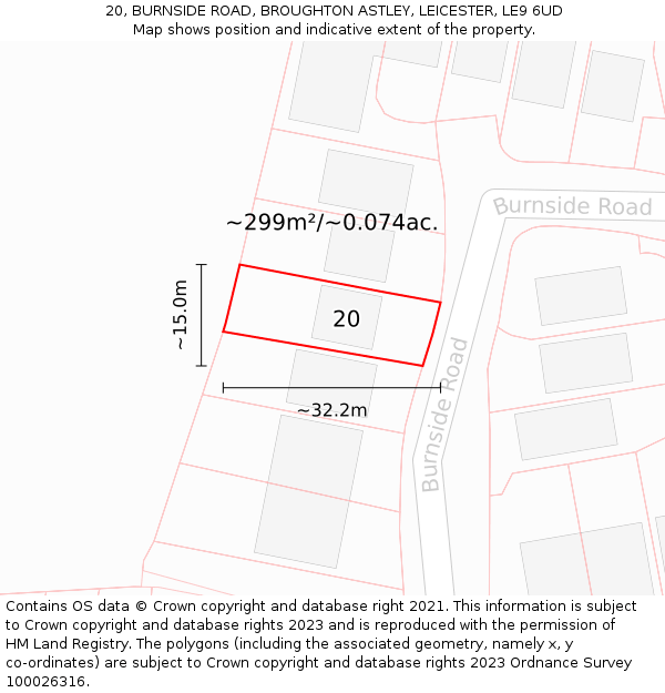 20, BURNSIDE ROAD, BROUGHTON ASTLEY, LEICESTER, LE9 6UD: Plot and title map