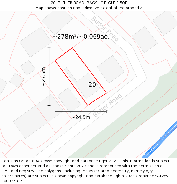 20, BUTLER ROAD, BAGSHOT, GU19 5QF: Plot and title map