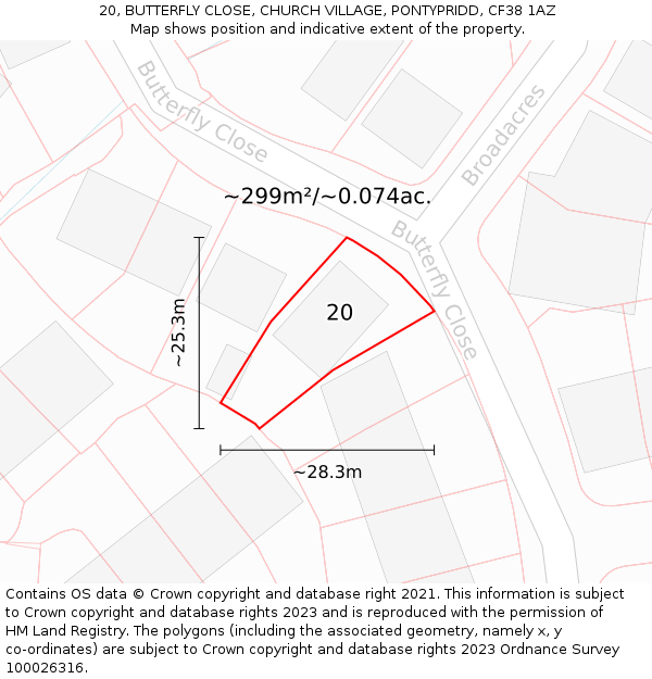 20, BUTTERFLY CLOSE, CHURCH VILLAGE, PONTYPRIDD, CF38 1AZ: Plot and title map