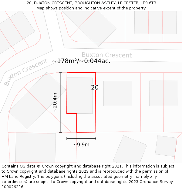 20, BUXTON CRESCENT, BROUGHTON ASTLEY, LEICESTER, LE9 6TB: Plot and title map