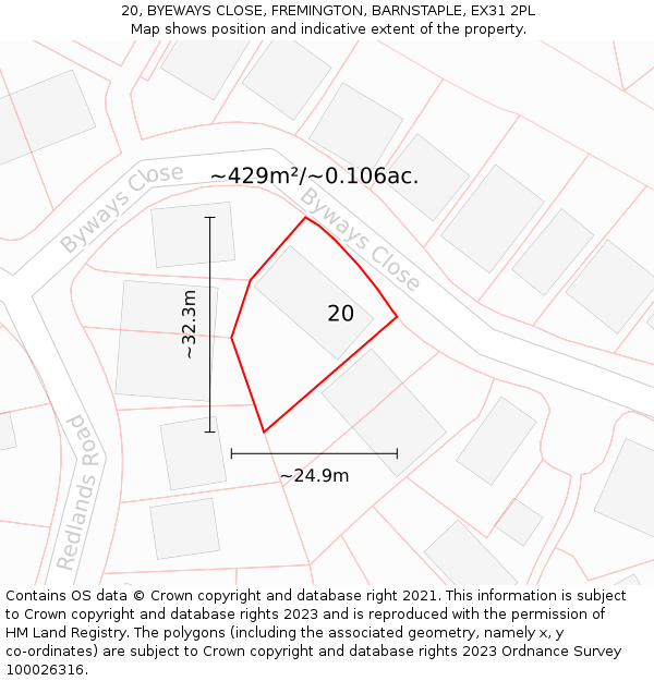 20, BYEWAYS CLOSE, FREMINGTON, BARNSTAPLE, EX31 2PL: Plot and title map