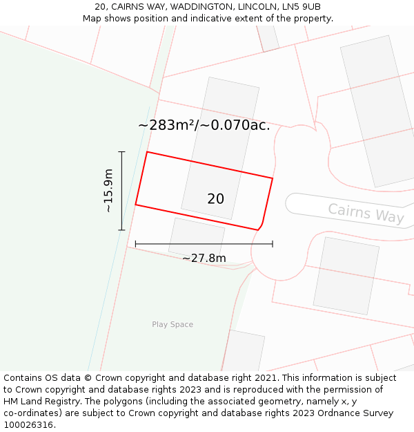 20, CAIRNS WAY, WADDINGTON, LINCOLN, LN5 9UB: Plot and title map