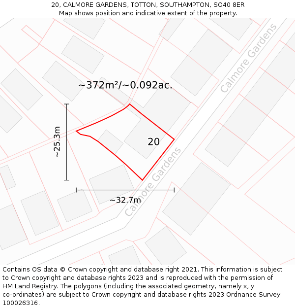 20, CALMORE GARDENS, TOTTON, SOUTHAMPTON, SO40 8ER: Plot and title map