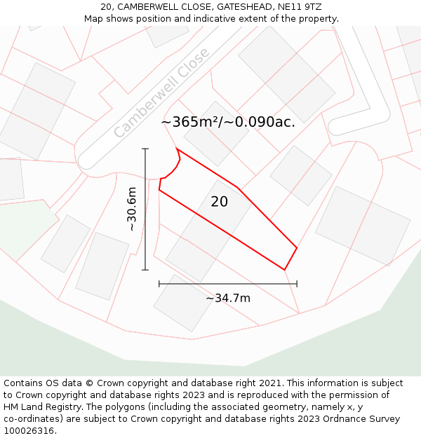 20, CAMBERWELL CLOSE, GATESHEAD, NE11 9TZ: Plot and title map