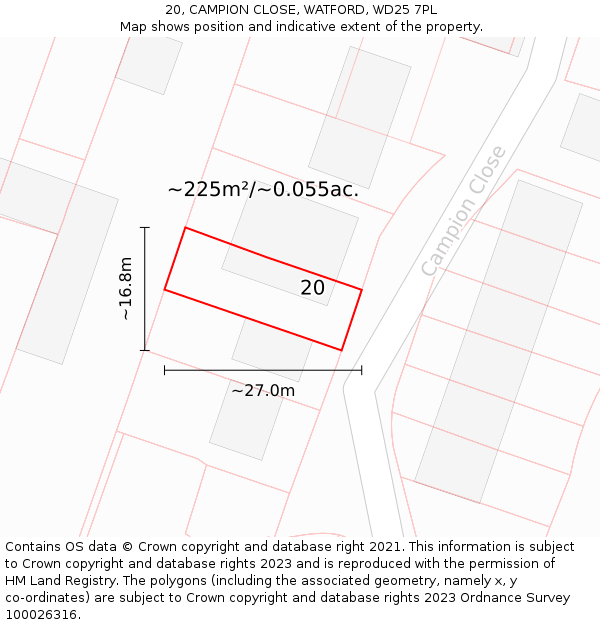 20, CAMPION CLOSE, WATFORD, WD25 7PL: Plot and title map