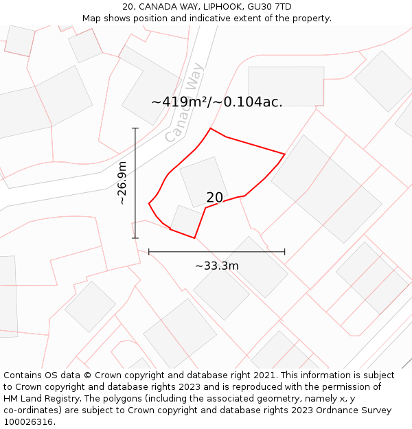20, CANADA WAY, LIPHOOK, GU30 7TD: Plot and title map