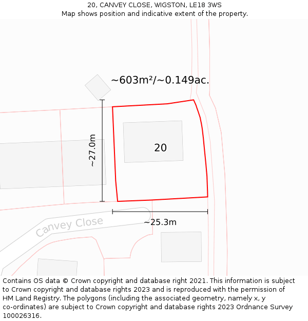 20, CANVEY CLOSE, WIGSTON, LE18 3WS: Plot and title map