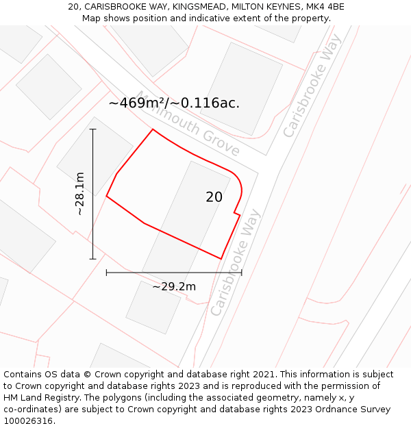 20, CARISBROOKE WAY, KINGSMEAD, MILTON KEYNES, MK4 4BE: Plot and title map