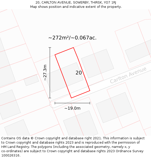 20, CARLTON AVENUE, SOWERBY, THIRSK, YO7 1RJ: Plot and title map