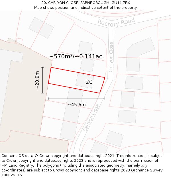 20, CARLYON CLOSE, FARNBOROUGH, GU14 7BX: Plot and title map