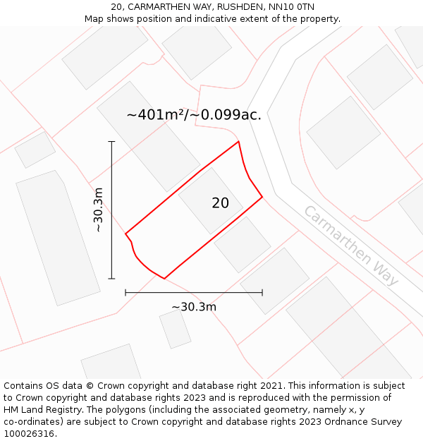 20, CARMARTHEN WAY, RUSHDEN, NN10 0TN: Plot and title map