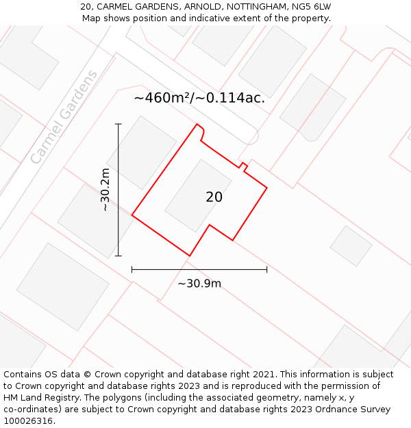 20, CARMEL GARDENS, ARNOLD, NOTTINGHAM, NG5 6LW: Plot and title map