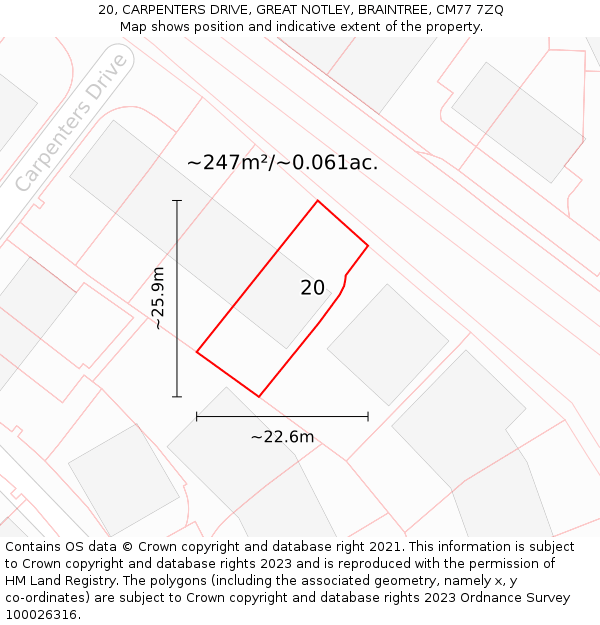 20, CARPENTERS DRIVE, GREAT NOTLEY, BRAINTREE, CM77 7ZQ: Plot and title map