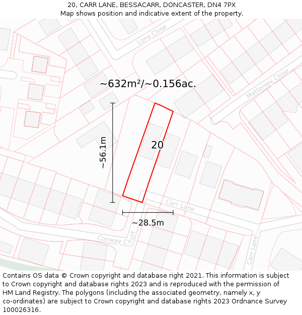 20, CARR LANE, BESSACARR, DONCASTER, DN4 7PX: Plot and title map