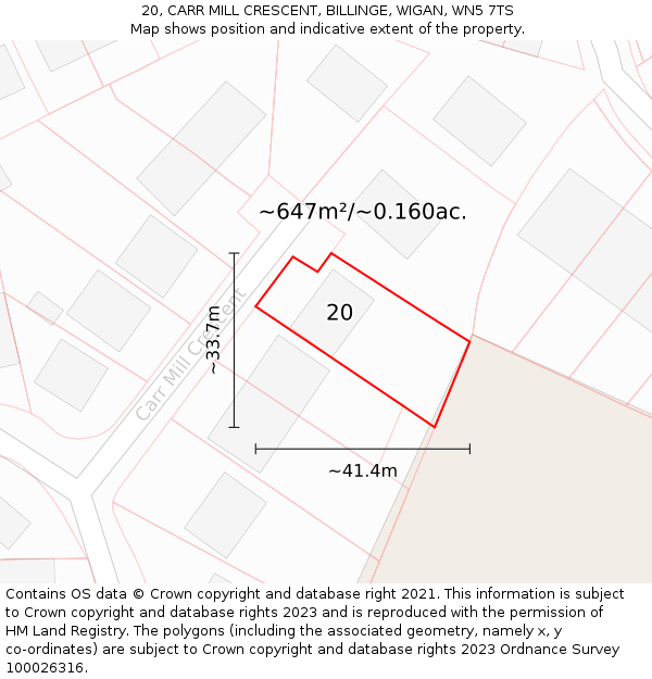 20, CARR MILL CRESCENT, BILLINGE, WIGAN, WN5 7TS: Plot and title map