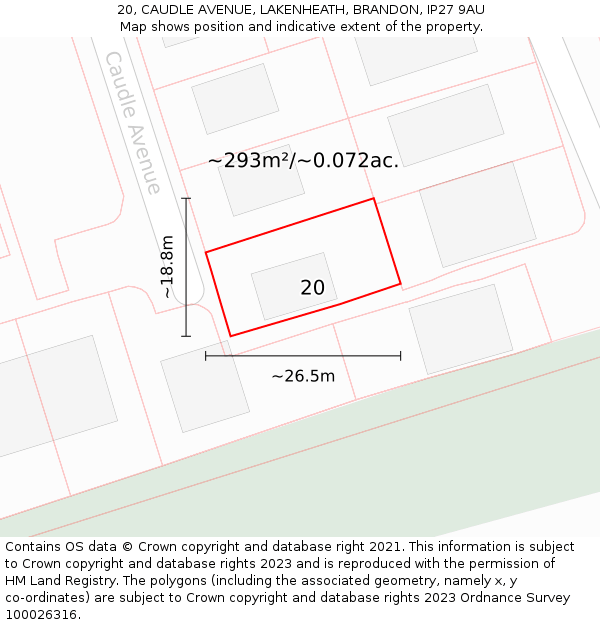 20, CAUDLE AVENUE, LAKENHEATH, BRANDON, IP27 9AU: Plot and title map