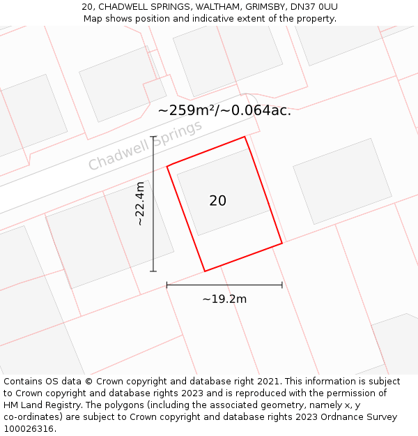 20, CHADWELL SPRINGS, WALTHAM, GRIMSBY, DN37 0UU: Plot and title map