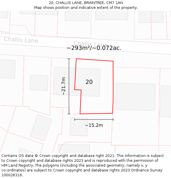 20, CHALLIS LANE, BRAINTREE, CM7 1AN: Plot and title map