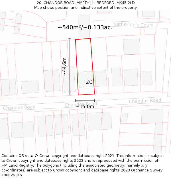 20, CHANDOS ROAD, AMPTHILL, BEDFORD, MK45 2LD: Plot and title map