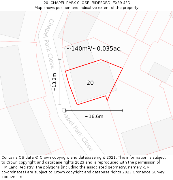 20, CHAPEL PARK CLOSE, BIDEFORD, EX39 4FD: Plot and title map