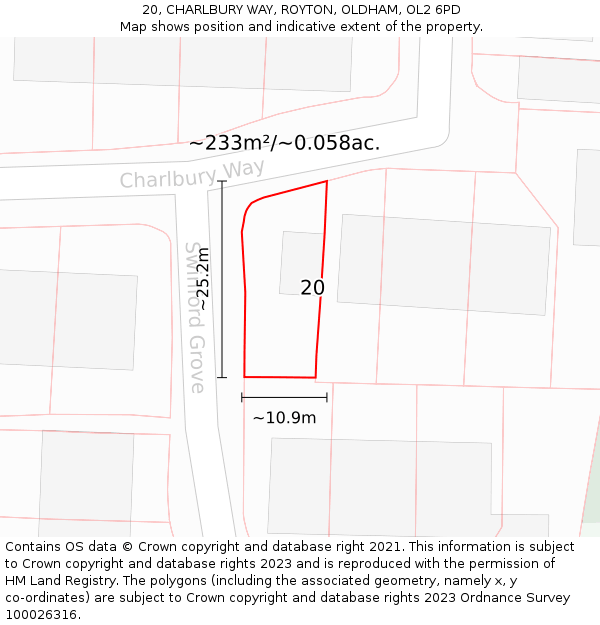 20, CHARLBURY WAY, ROYTON, OLDHAM, OL2 6PD: Plot and title map