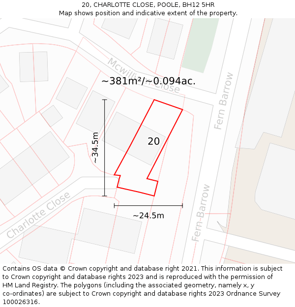 20, CHARLOTTE CLOSE, POOLE, BH12 5HR: Plot and title map