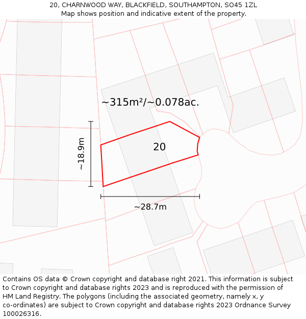 20, CHARNWOOD WAY, BLACKFIELD, SOUTHAMPTON, SO45 1ZL: Plot and title map