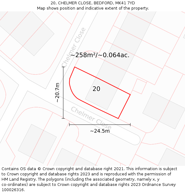 20, CHELMER CLOSE, BEDFORD, MK41 7YD: Plot and title map