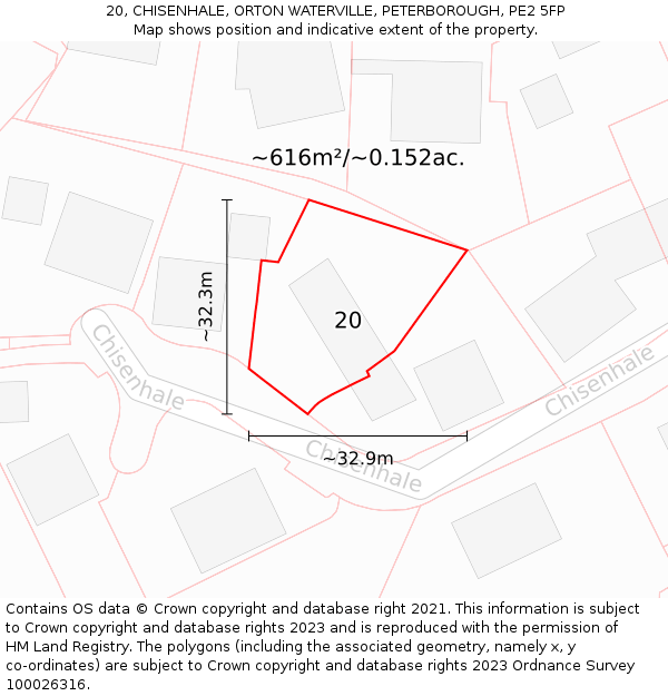 20, CHISENHALE, ORTON WATERVILLE, PETERBOROUGH, PE2 5FP: Plot and title map