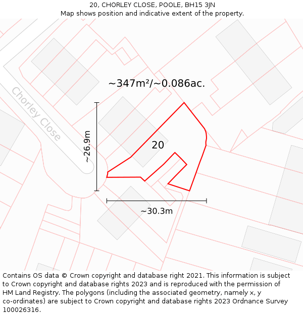 20, CHORLEY CLOSE, POOLE, BH15 3JN: Plot and title map