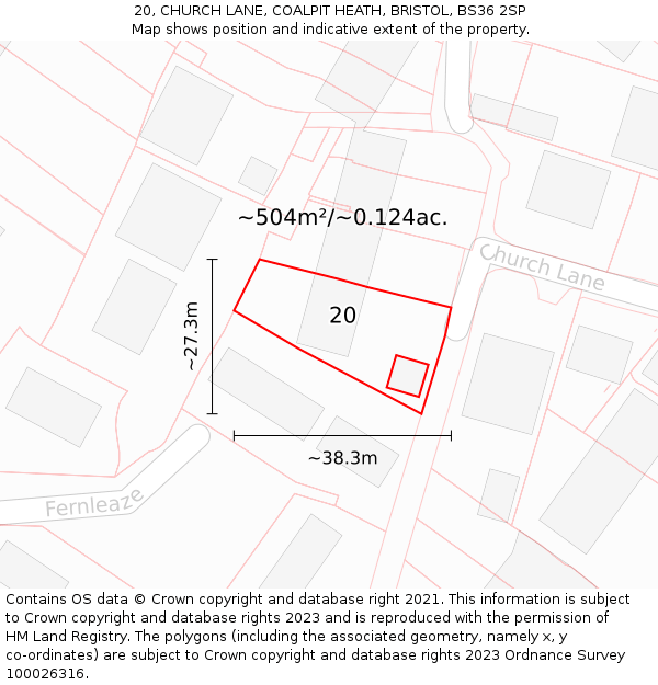 20, CHURCH LANE, COALPIT HEATH, BRISTOL, BS36 2SP: Plot and title map