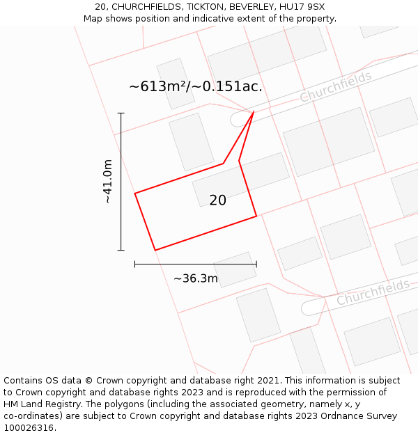 20, CHURCHFIELDS, TICKTON, BEVERLEY, HU17 9SX: Plot and title map