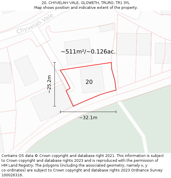 20, CHYVELAH VALE, GLOWETH, TRURO, TR1 3YL: Plot and title map