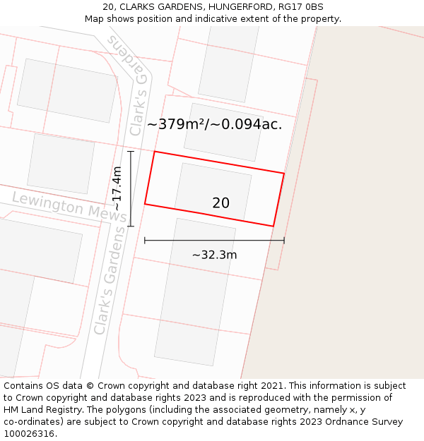 20, CLARKS GARDENS, HUNGERFORD, RG17 0BS: Plot and title map