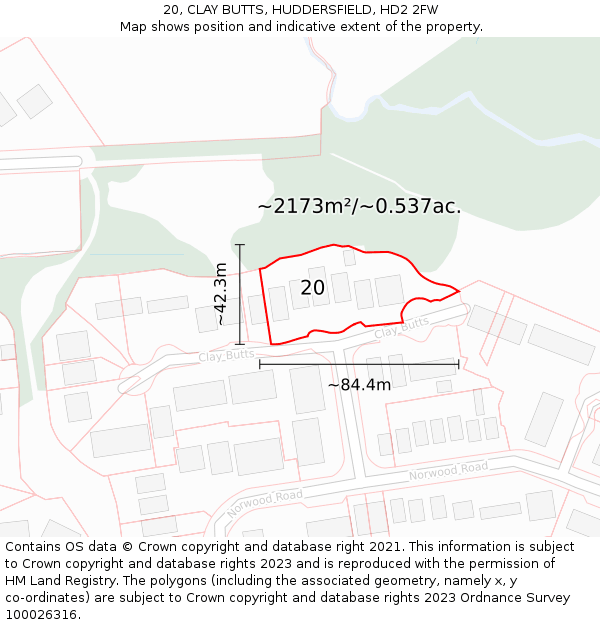 20, CLAY BUTTS, HUDDERSFIELD, HD2 2FW: Plot and title map