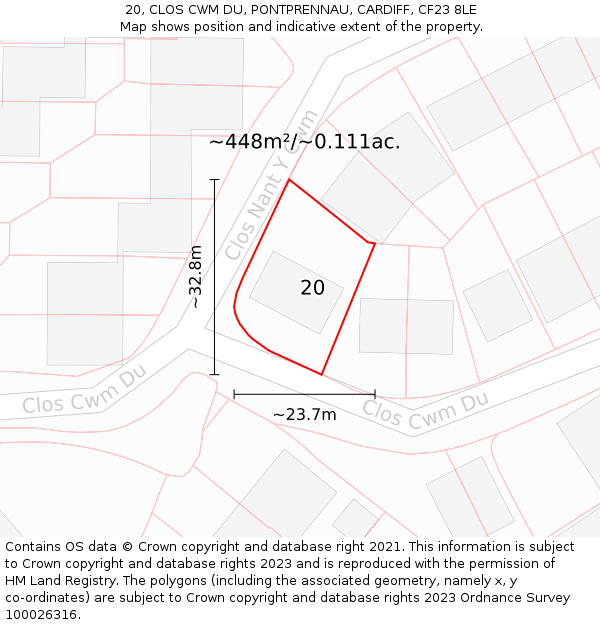 20, CLOS CWM DU, PONTPRENNAU, CARDIFF, CF23 8LE: Plot and title map