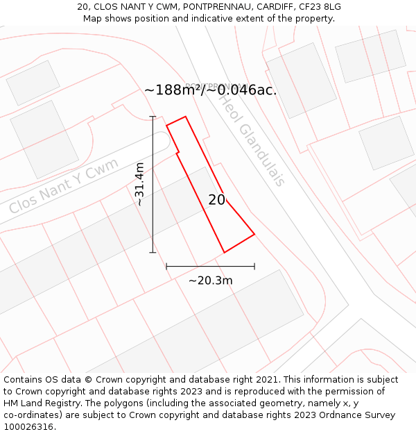 20, CLOS NANT Y CWM, PONTPRENNAU, CARDIFF, CF23 8LG: Plot and title map