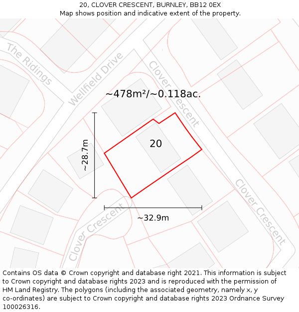 20, CLOVER CRESCENT, BURNLEY, BB12 0EX: Plot and title map