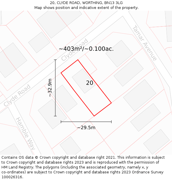20, CLYDE ROAD, WORTHING, BN13 3LG: Plot and title map