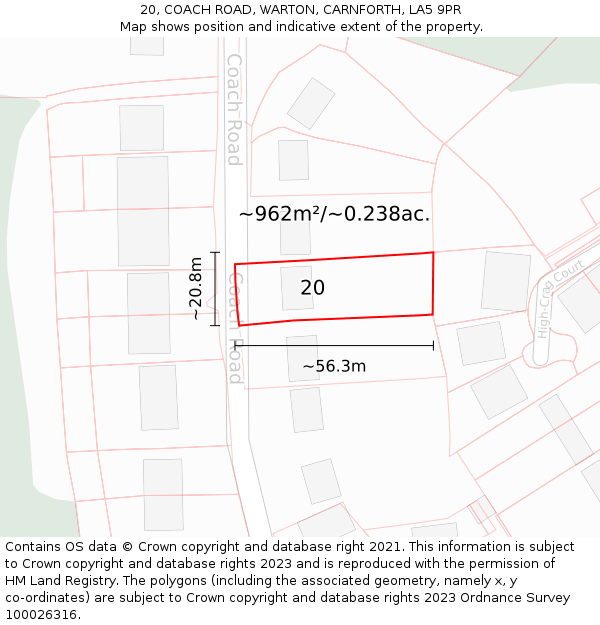 20, COACH ROAD, WARTON, CARNFORTH, LA5 9PR: Plot and title map