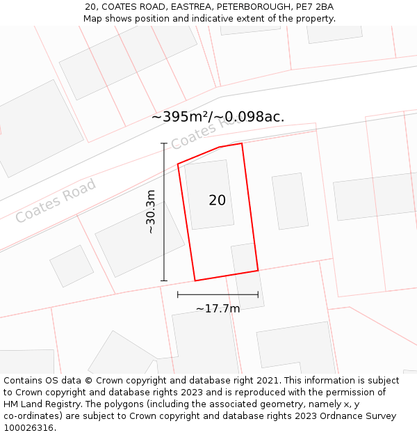 20, COATES ROAD, EASTREA, PETERBOROUGH, PE7 2BA: Plot and title map