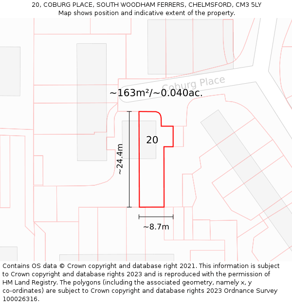 20, COBURG PLACE, SOUTH WOODHAM FERRERS, CHELMSFORD, CM3 5LY: Plot and title map