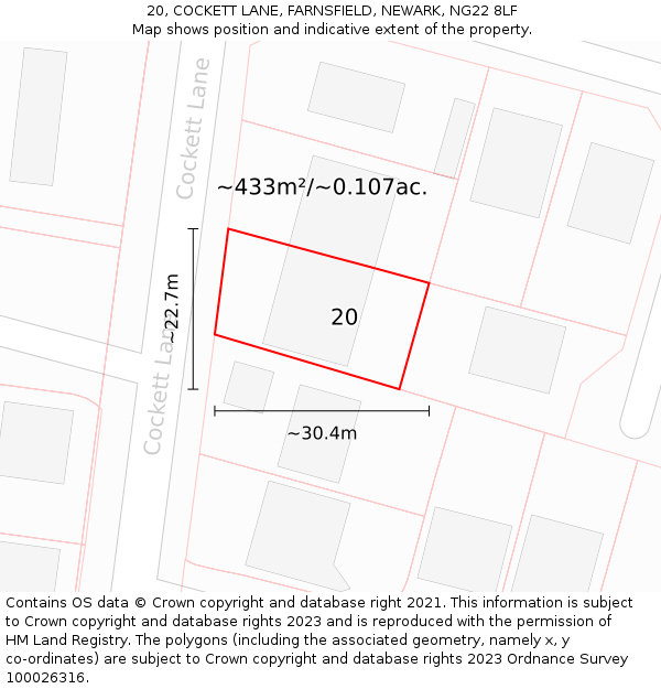 20, COCKETT LANE, FARNSFIELD, NEWARK, NG22 8LF: Plot and title map