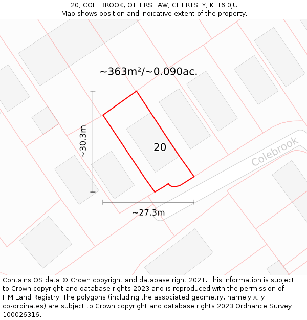 20, COLEBROOK, OTTERSHAW, CHERTSEY, KT16 0JU: Plot and title map