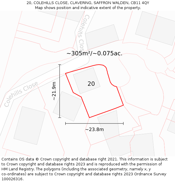 20, COLEHILLS CLOSE, CLAVERING, SAFFRON WALDEN, CB11 4QY: Plot and title map